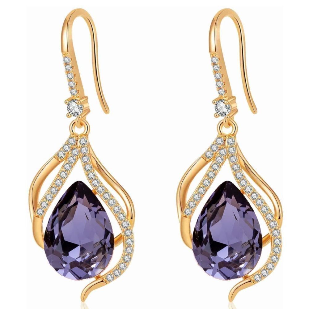 14K Yellow Gold with Purple Tanzanite Austrian Crystal Twisted Teardrop Earrings